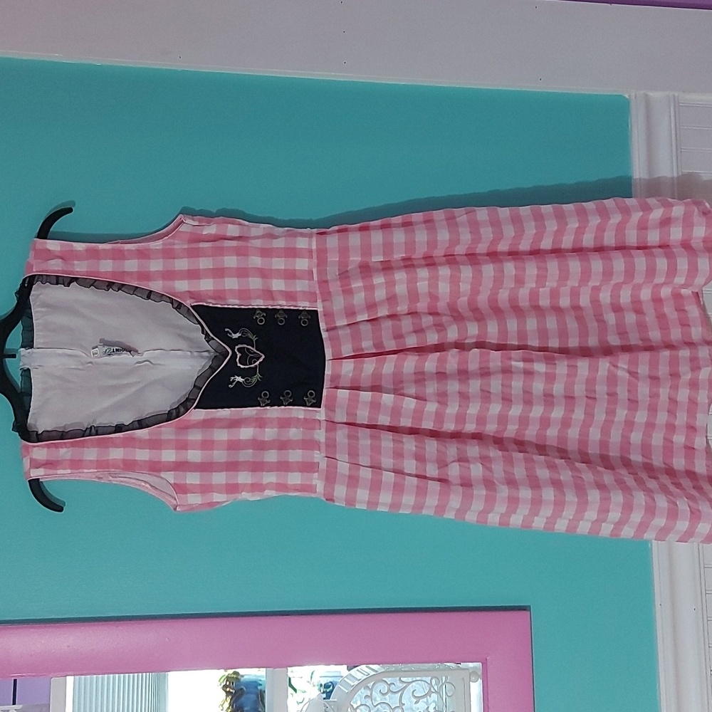 Pink & White Gingham Dress Dirndl Size M Cottagecore Fairycore Black Lace